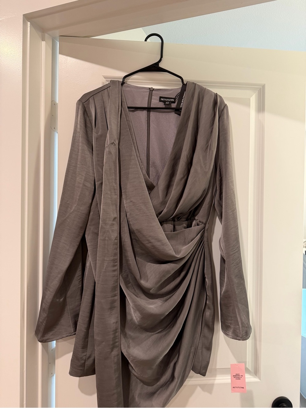 PrettyLittleThing Gray Draped Long Sleeve Wrap Dress